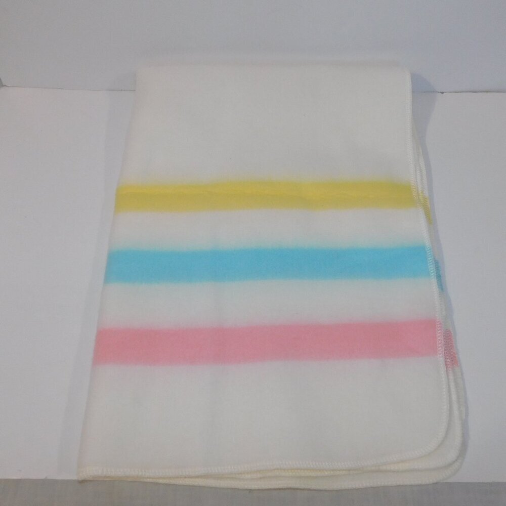 VTG Acrylic Pastel Pink Blue yellow Klondike Stripe Baby Blanket Esmond Bunny